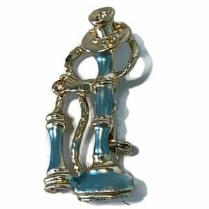 Candlestick Telephone Brooch Blue Enamel Vintage Versatile Church Office Party